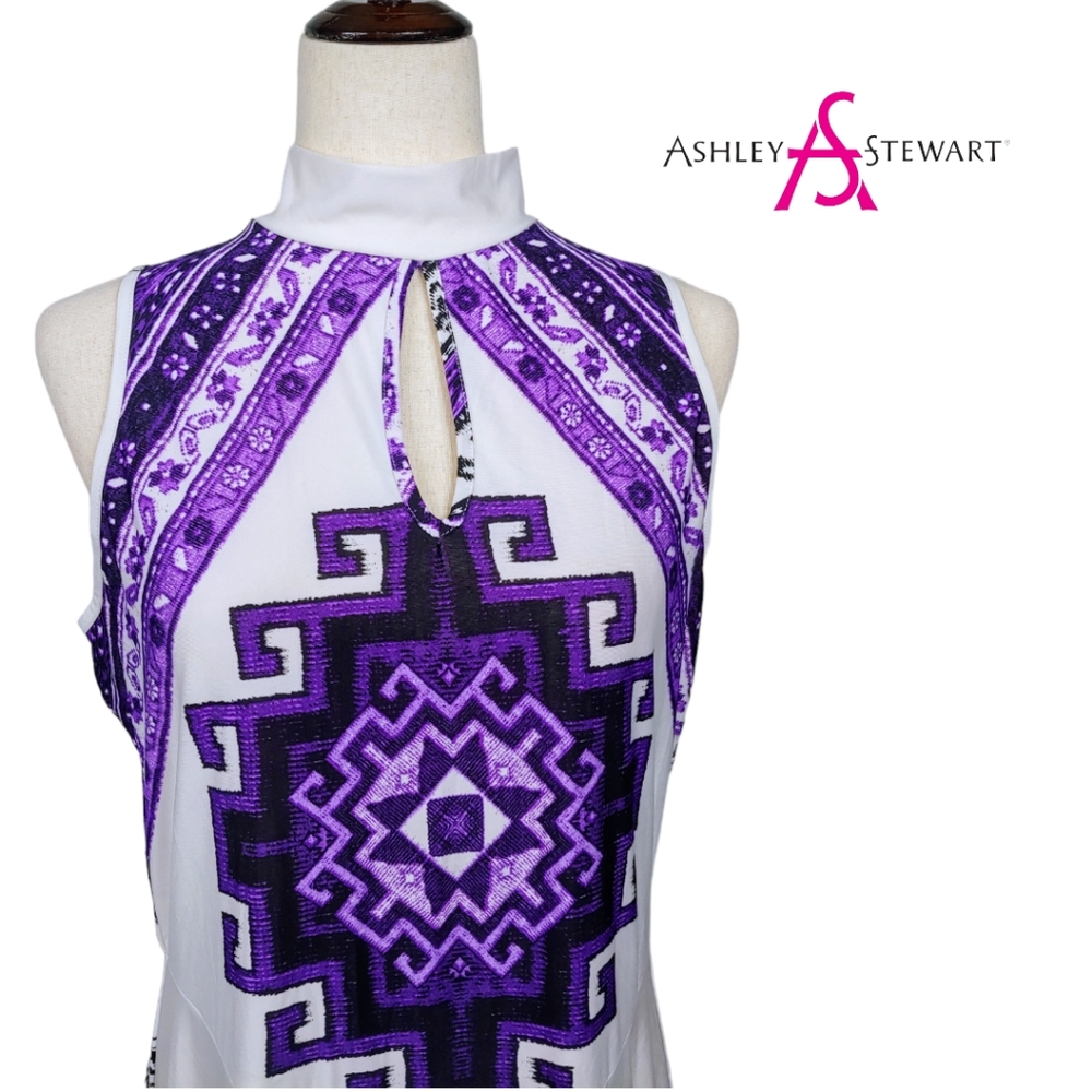 Ashley Stewart Mock Neck Keyhole Multi Print Mosaic Sleeveless Midi Dres… - Picture 5 of 14